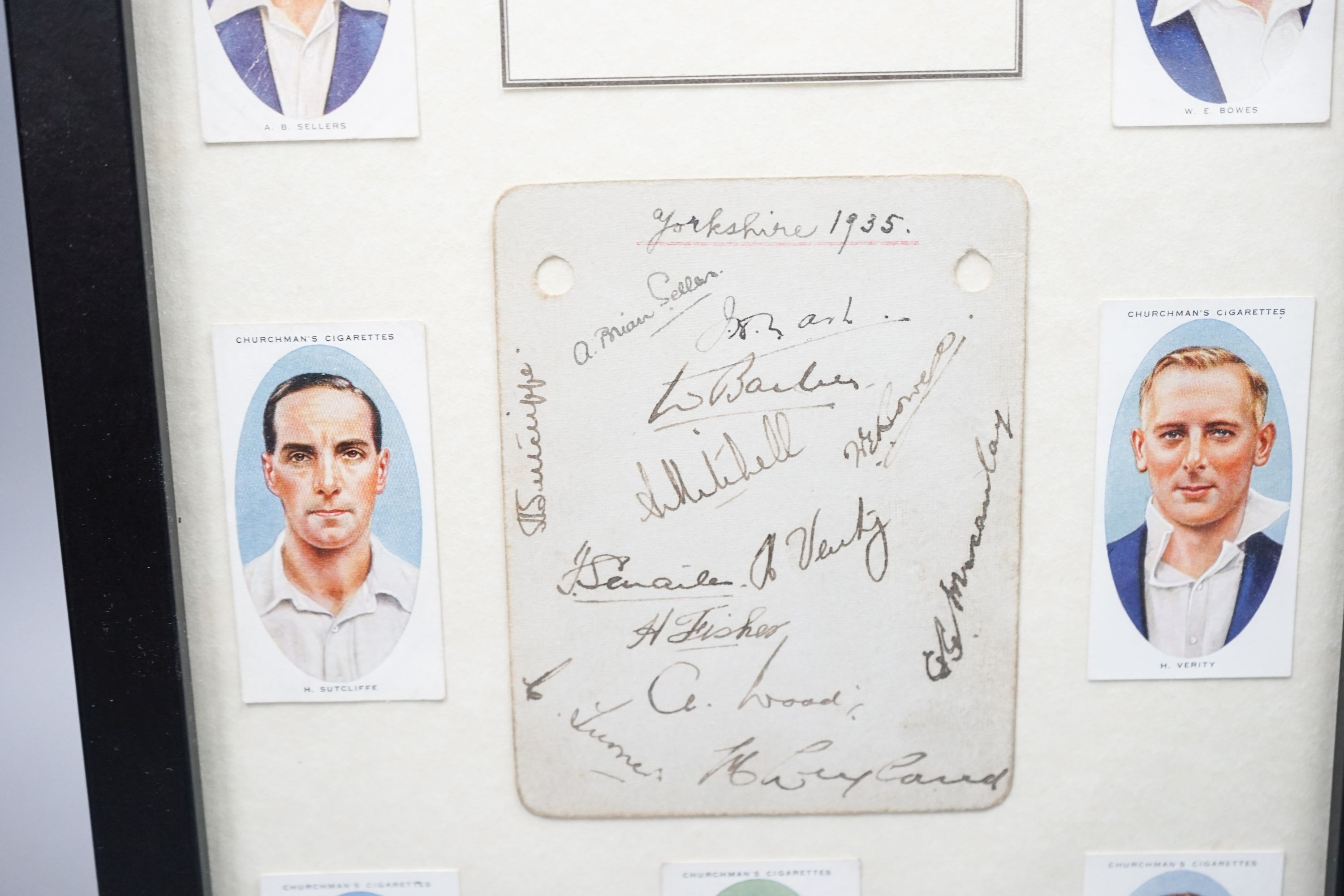 Yorkshire County Cricket team county champions 1935, set of players signatures on a card and cigarette card portraits